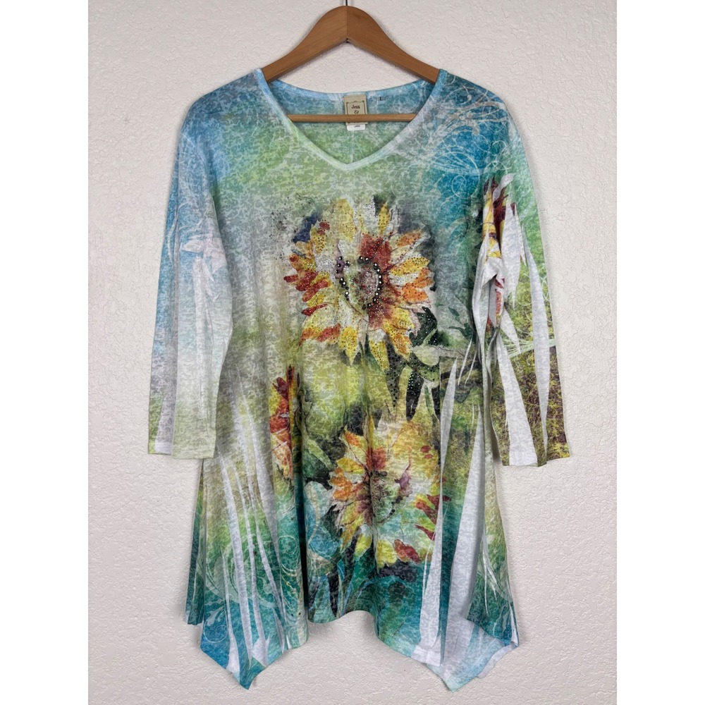 Jess & Jane Sunflower Rhinestone Sharkbite Tunic Top Sz Large Blue Green Boho